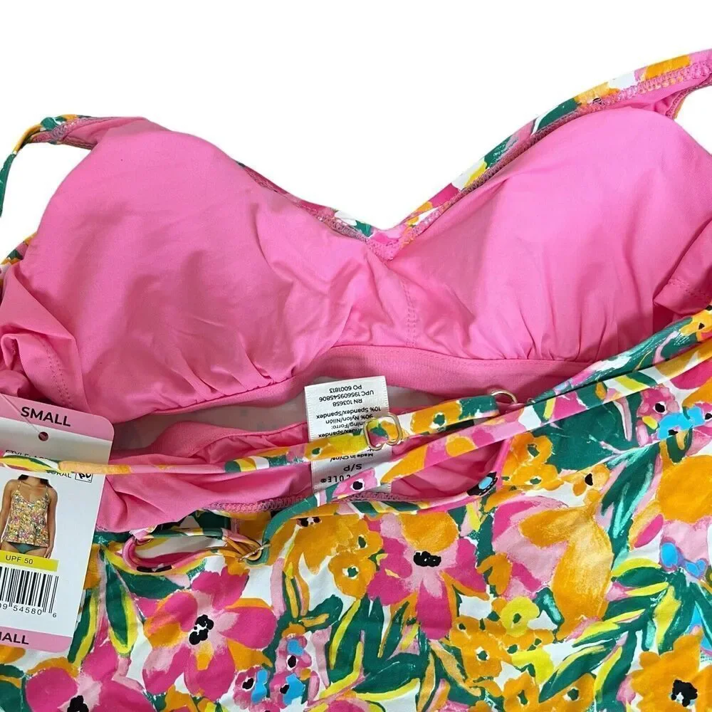 Anne Cole Pink Orange Floral Tankini Top Size Small NWT Spaghetti Strap